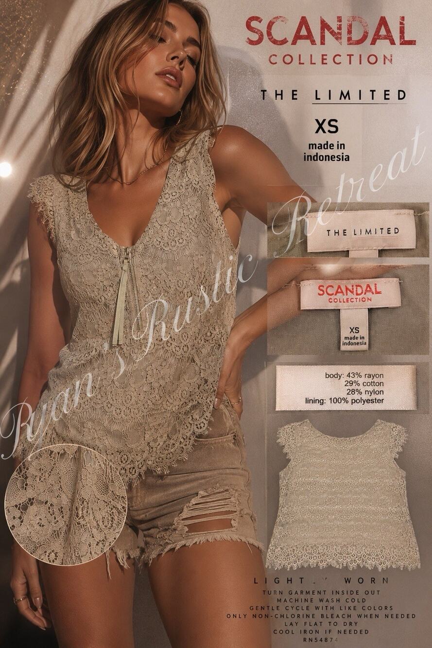 The Limited Scandal Collection Lace Tank Top XS Sage Green Zip Front Floral DK